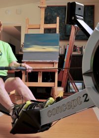 Bob.Self@jacksonville.com--4/3/15--Jacksonville resident Dottie Dorion on the rowing machine in her artist studio and gym space in her home.  Dorion recently broke the world indoor rowing record for her age group.  (The Florida Times-Union/Bob Self)